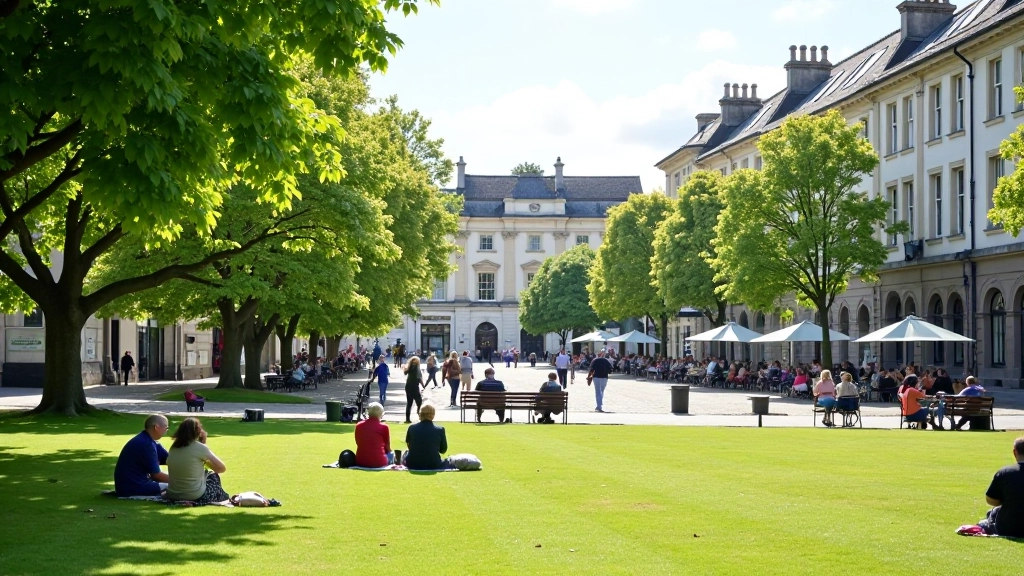Eyre Square Galway with green space, seating areas, and historic architecture in background
