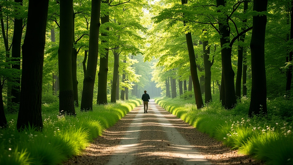 Terryland forest park pathway with tall trees, dappled sunlight, well-maintained gravel trail, and peaceful woodland setting