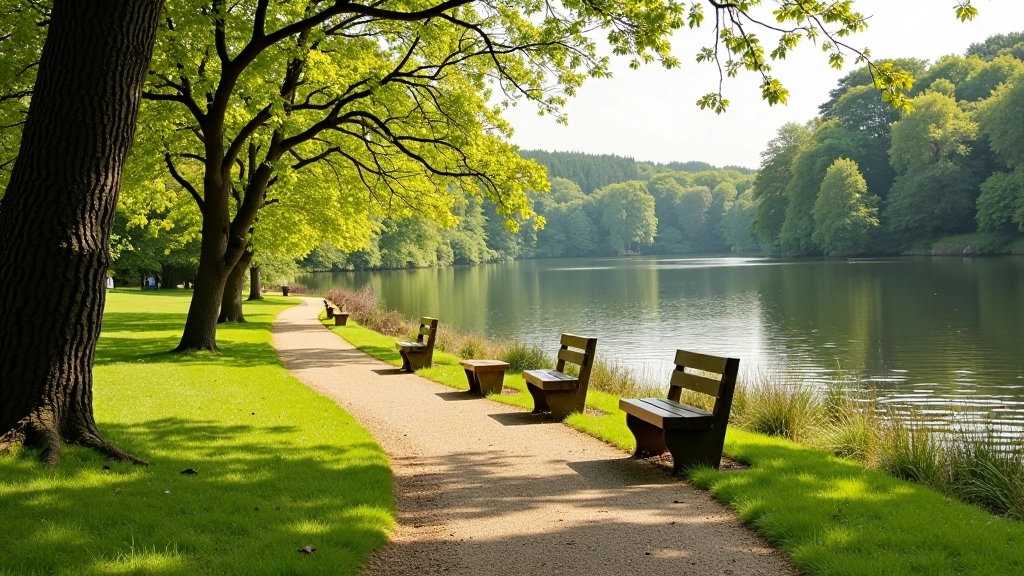 Lough shoreline path with calm water reflection, open vista, park benches along pathway