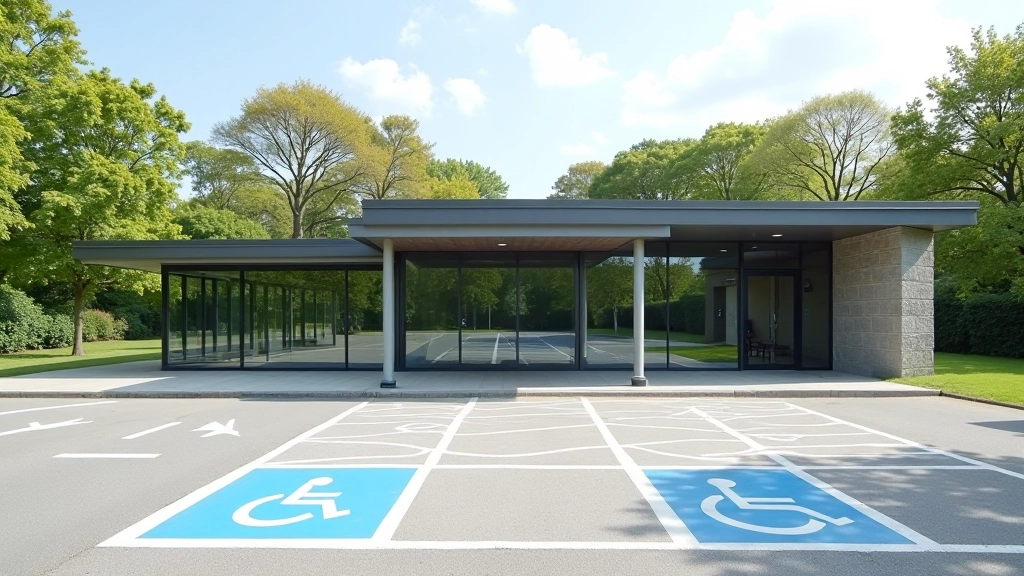 Park visitor centre building with accessible parking spaces, clear signage, modern facilities