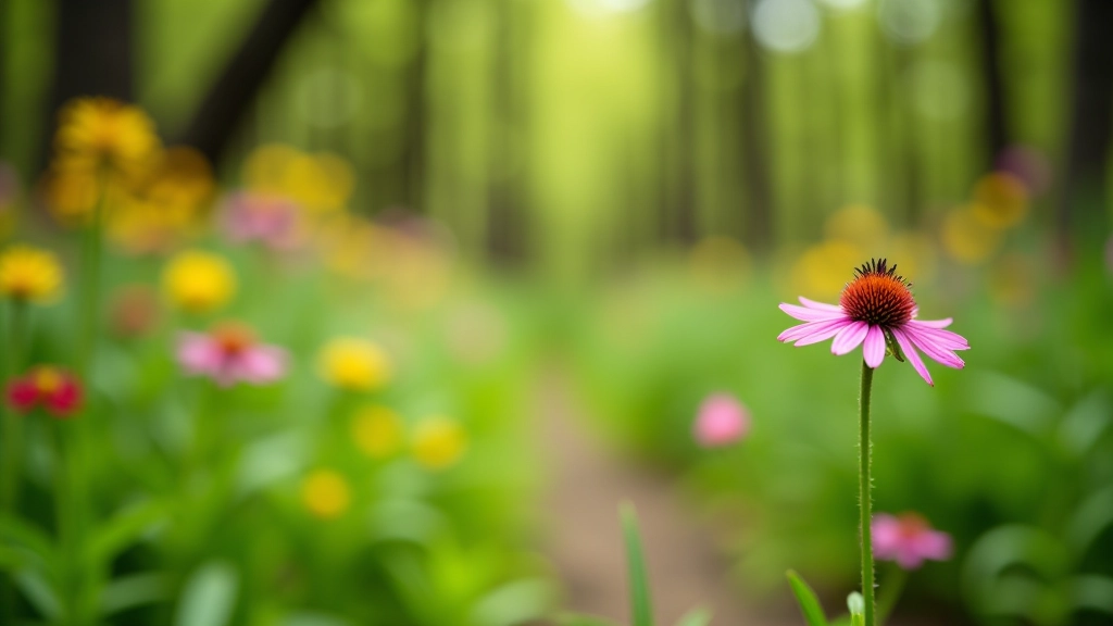 Close-up detail of wildflowers blooming along park trail pathway during spring season
