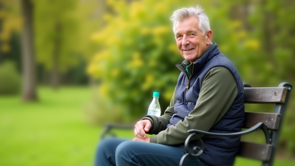 Older adult hiker at rest on park bench with water bottle, scenic Galway landscape in background, relaxed posture