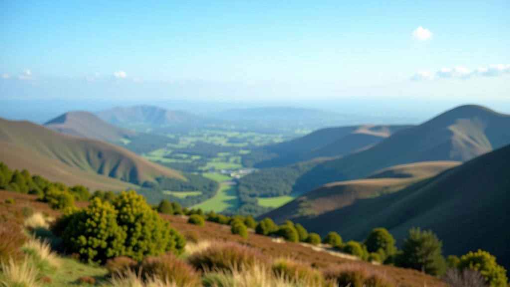 Mountain vista from Ballinastoe viewpoint with rolling hills, distant valleys, clear sky