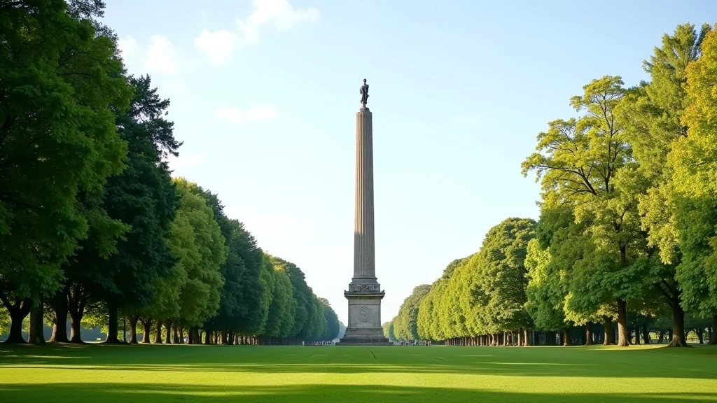 Wellington Monument in Phoenix Park Dublin, tall stone obelisk surrounded by parkland and trees