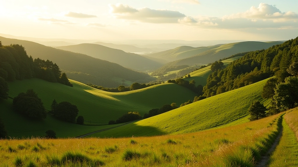 Scenic landscape view of rolling green hills with hiking trails and forest paths in afternoon light