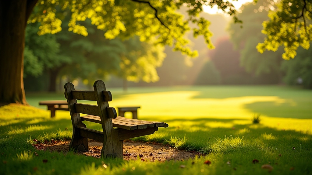 Park bench in scenic spot with view across Phoenix Park meadows and trees, peaceful rest area