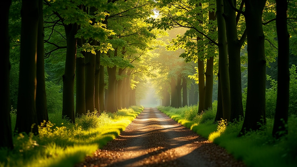 Woodland path at Ballinastoe with tall trees creating natural corridor, dappled sunlight, peaceful forest setting